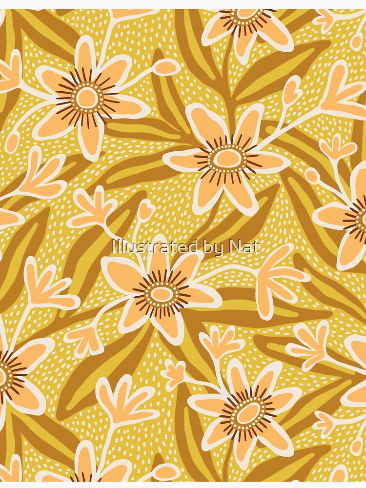 Abstract passiflora flowers in mustard yellow by Illustrated by Nat
