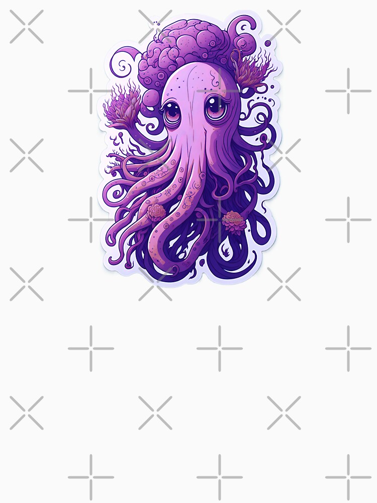 Magical Illustration Cute Purple Octopus Vibrant Colorful Psychedelic Pastel Flowers Big Sad Eyes With Mushroom head by SassyArtistry