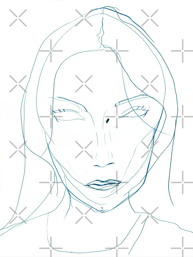 Female Portrait — Minimalist Teal Ink Contour Line Drawing by essentialink