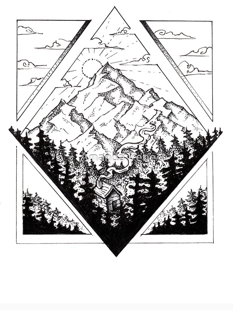 Home , Ink illustration Cabin in the Mountains by Amanda Irene