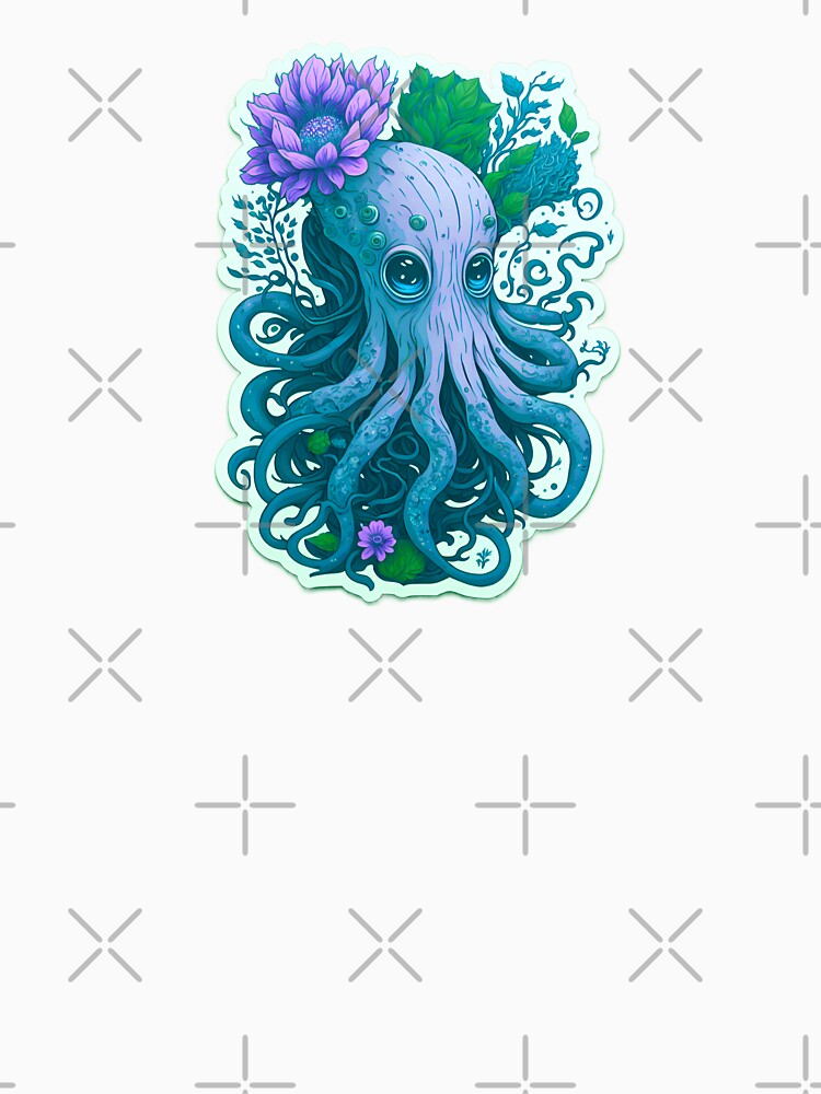 Magical Illustration Cute Light Blue Octopus Vibrant Colorful Psychedelic Pastel Flowers Sad Eyes by SassyArtistry