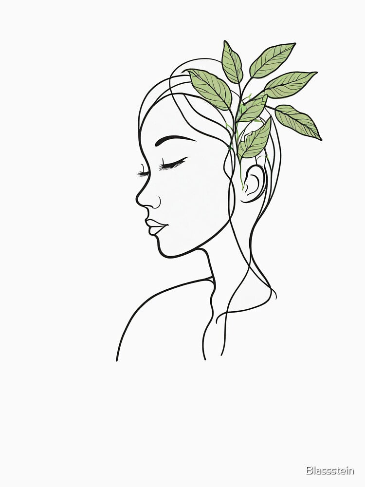 Minimalist Woman Line Art with Green Leaves – Mindful Nature Illustration by Blassstein