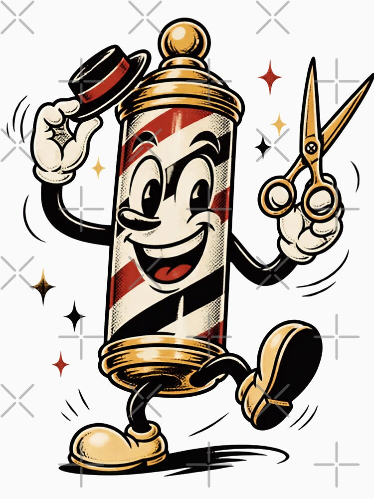 Funny Retro Cartoon Barber Pole Character with Scissors by Barber MD Culture