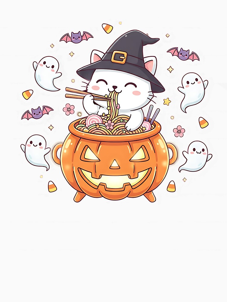 Kawaii Cat Eating Ramen Pumpkin Bowl Ghost Bat Halloween Men by TalalosART