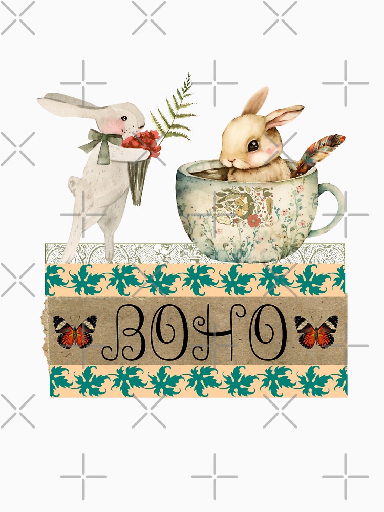 Elegant Boho Rabbit Tea Cup Collage T-Shirt - BOHO by GorinART
