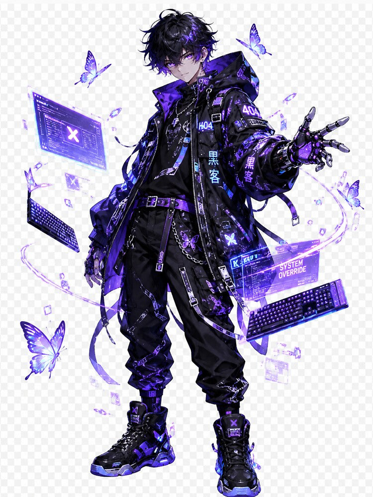 Cyber Hacker Boy Neon Purple Anime Tech Aesthetic by Sticleg
