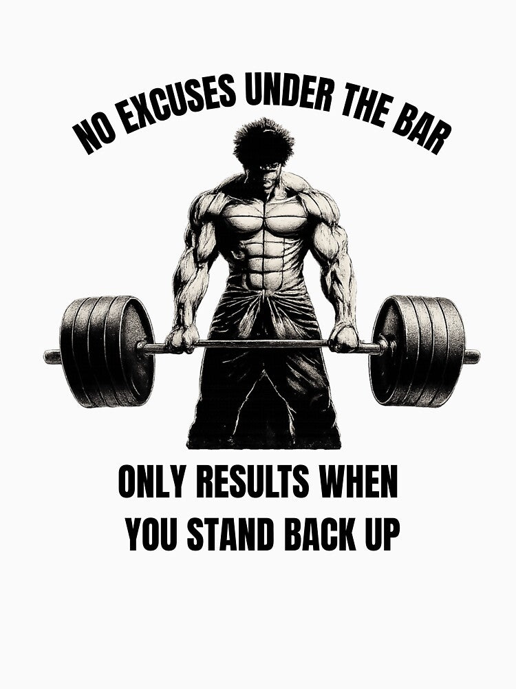 Gym motivation - "No excuses under the bar only results when you stand back up" by MuscleMind