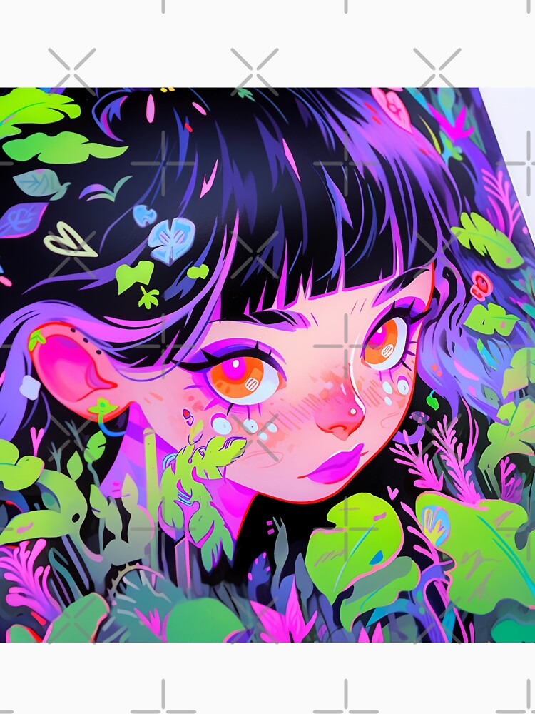 Vibrant Neon Psychedelic Leaves and Flowers Anime Girl by bubblegoth