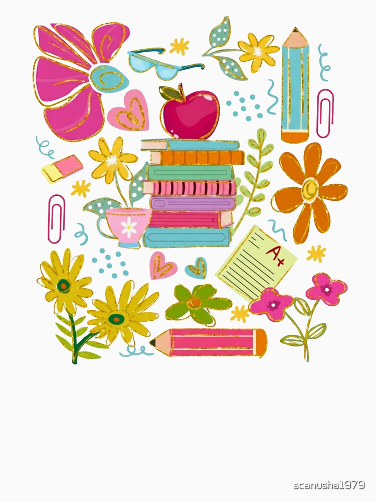 Cute Teacher Doodle Art – Books, Flowers & School Supplies Illustration by scanusha1979