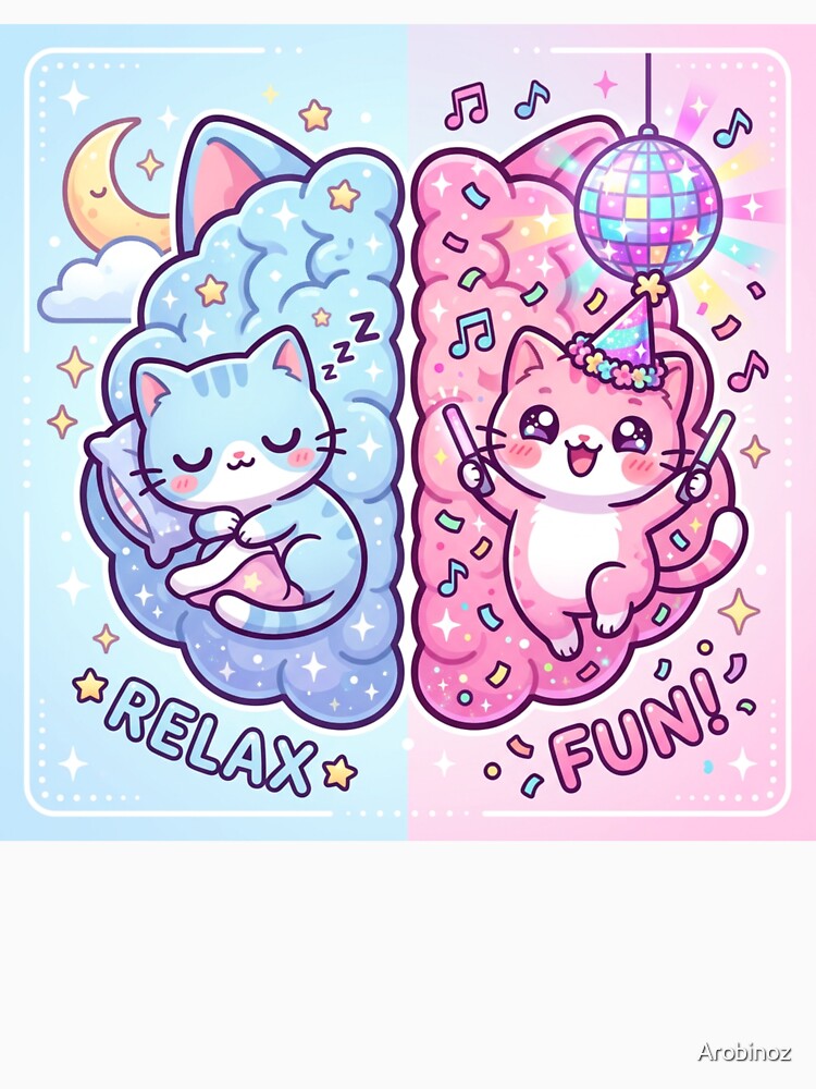 "Two Moods Cat Brain – Sleep vs Party | Kawaii Pastel Split Brain Cute Cat" by Arobinoz