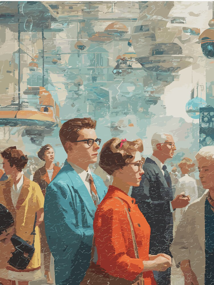 Commuter Rush in the Sky City - 60s Retrofuturism by bapupa