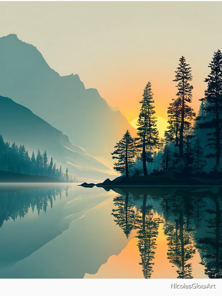 Minimalist Mountain Lake Forest Sunset Reflection Art by NicolasGlowArt