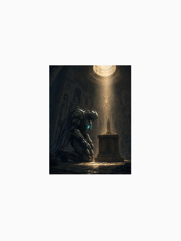 Sacred Mecha Kneeling at Altar - Cyberpunk Concept Art Print by NightlarkS