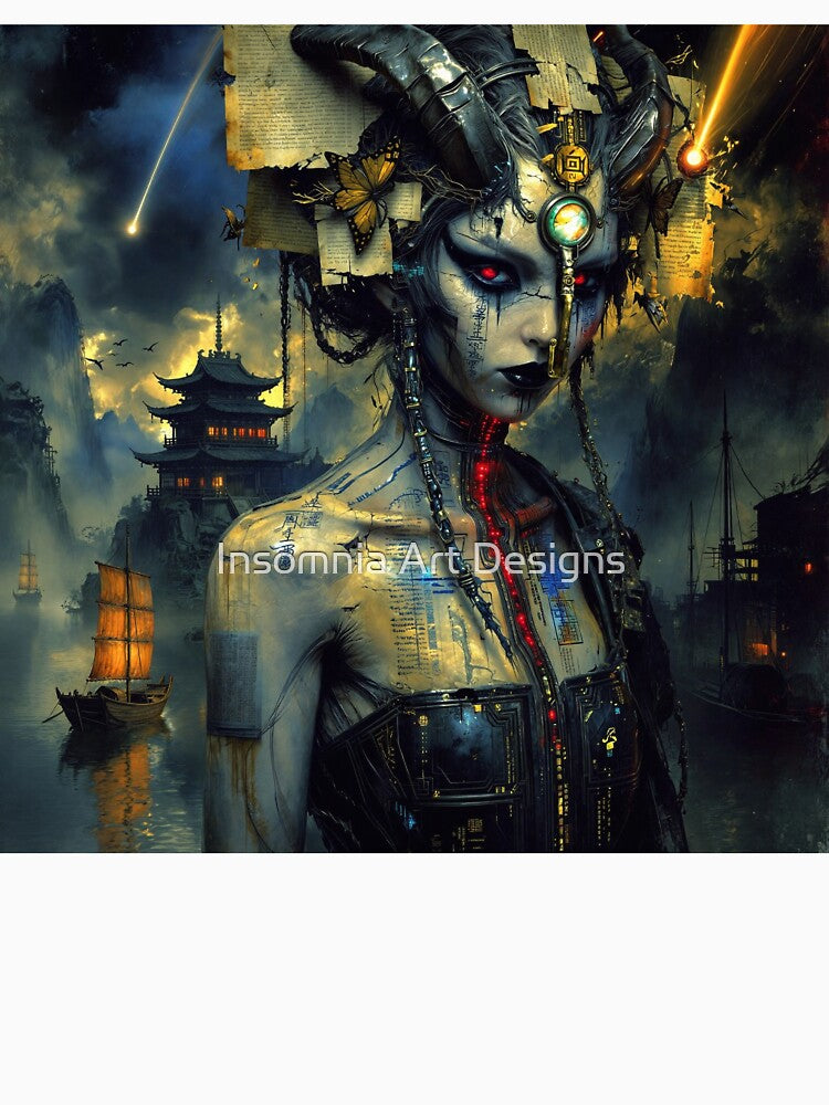 The Village: Cyberpunk Demon in Asian Landscape by Insomnia Art Designs