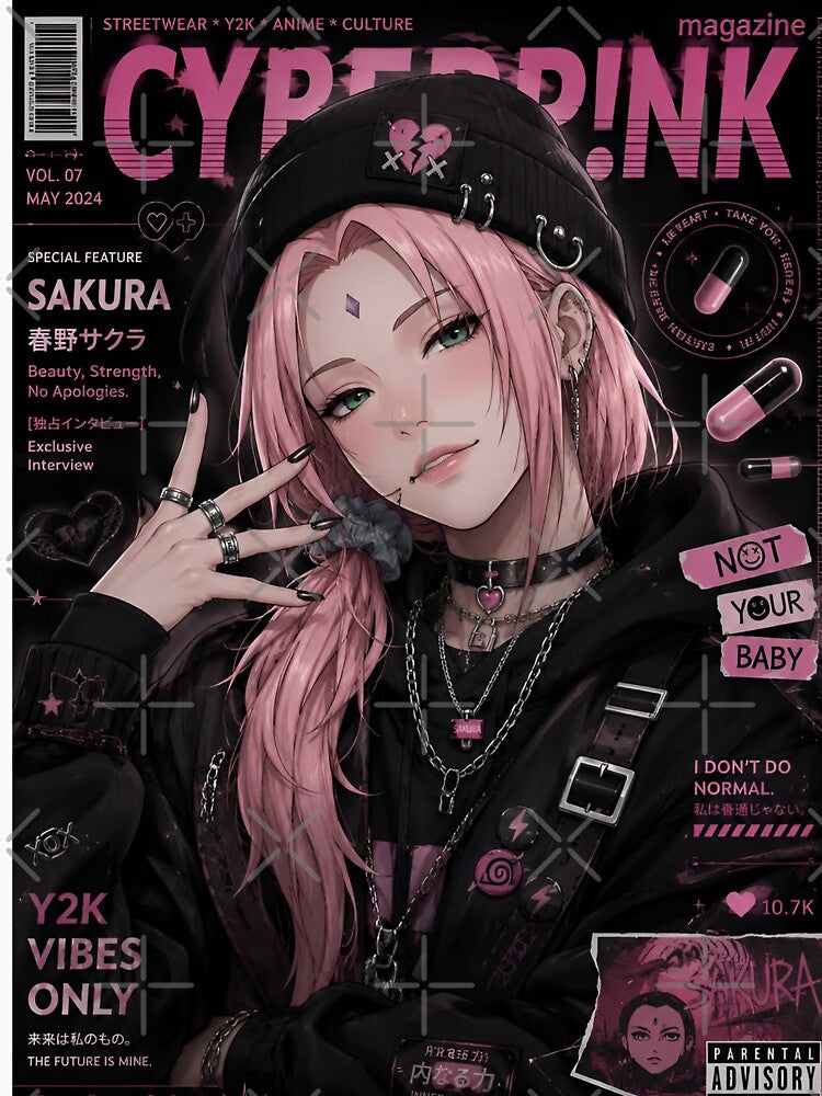 Sakura | Pink Cyber Streetwear Girl | Y2K Anime Aesthetic Magazine Cover Art by Dyan4