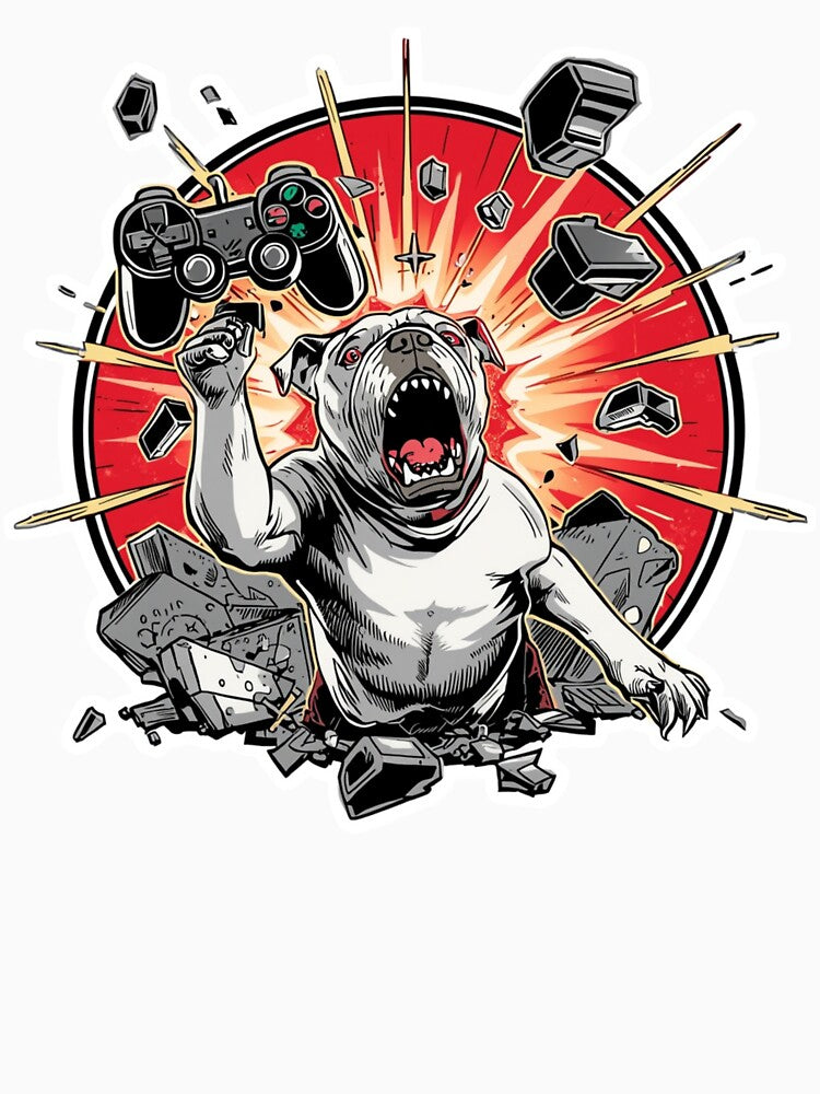 Angry Gamer Bulldog Smashing Controller Funny Art Print by Sky-bully