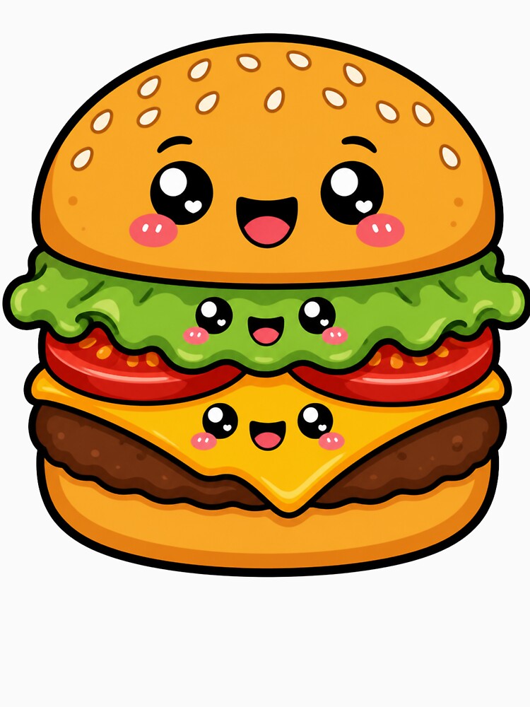 Kawaii Happy Burger Cartoon | Cute Cheeseburger Chibi Food Art by MonkeyVibe