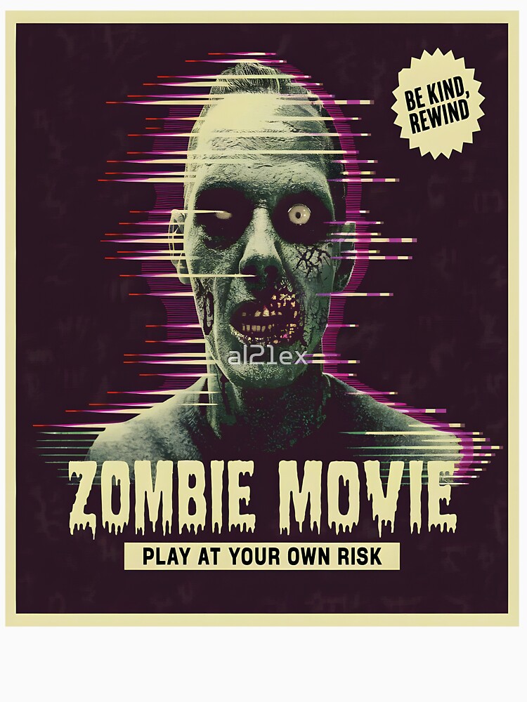 Retro Glitch Zombie Movie T-Shirt – VHS Horror Style "Play at Your Own Risk" by al21ex