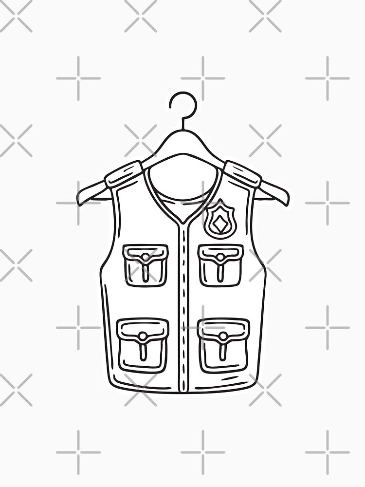 A police safety vest hanging on a wooden hanger by rasagamastore