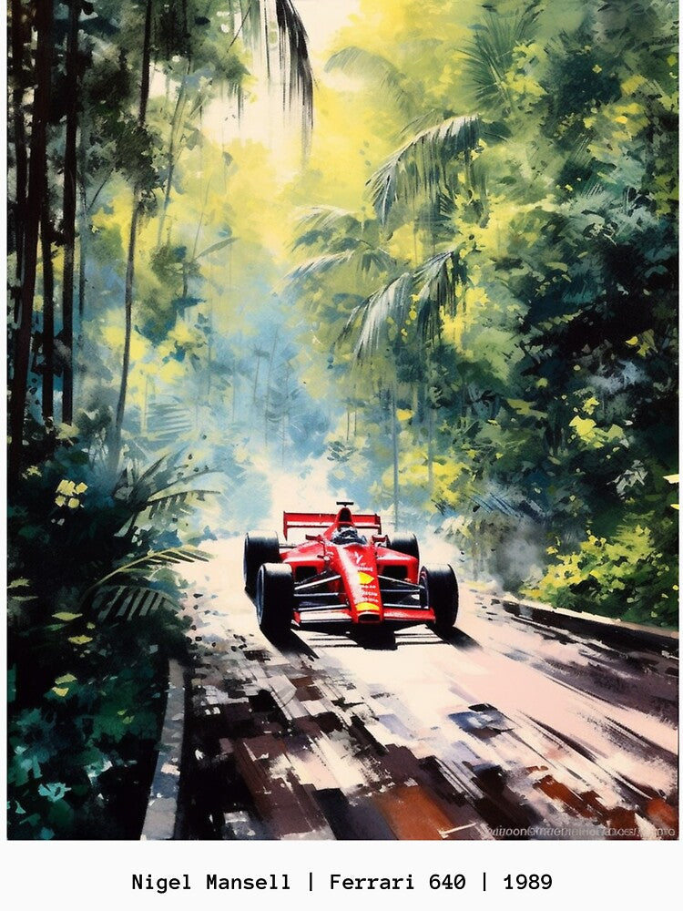 Nigel Mansell Vintage 1989 Ferrari 640 F1 Watercolour Painting Print by PicTechNowArt