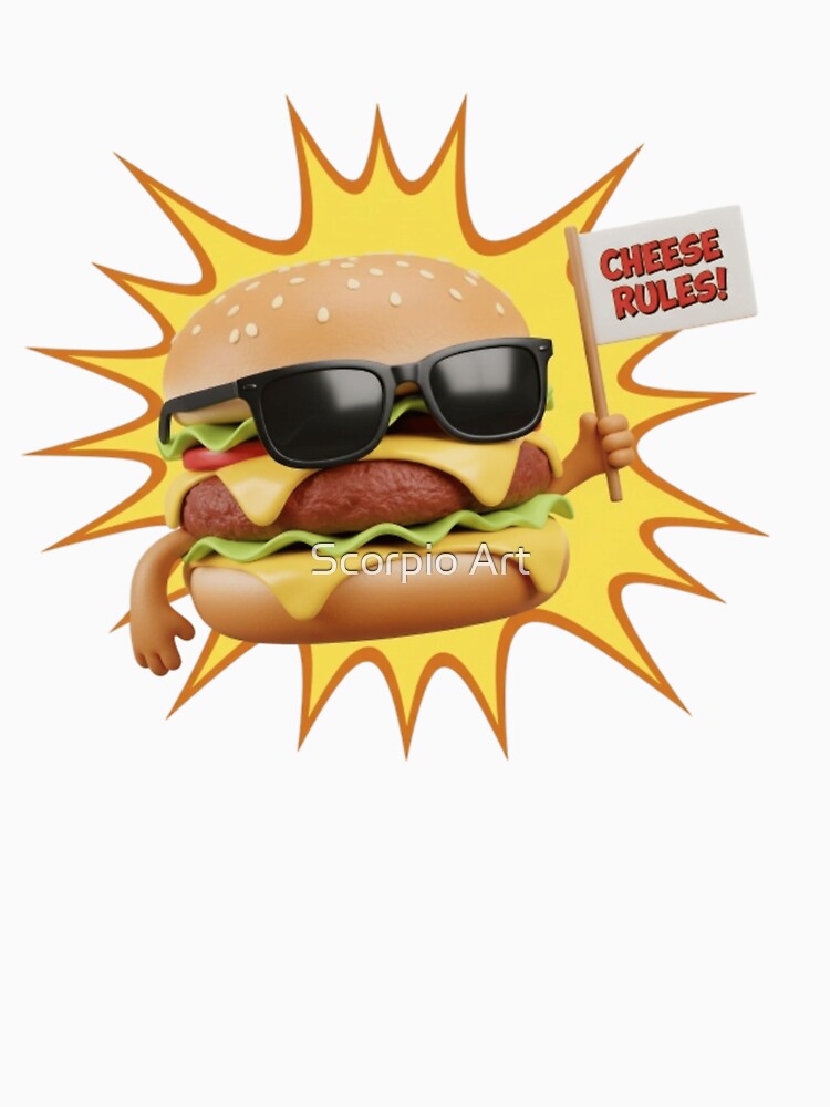 Cheese Rules! Cool Cheeseburger Character with Sunglasses & Flag Pop Art by Scorpio Art