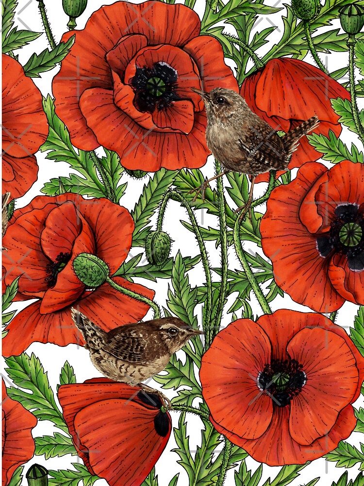 Red poppies and wrens, green leaves on white by Katerina Mitkova Kirilova