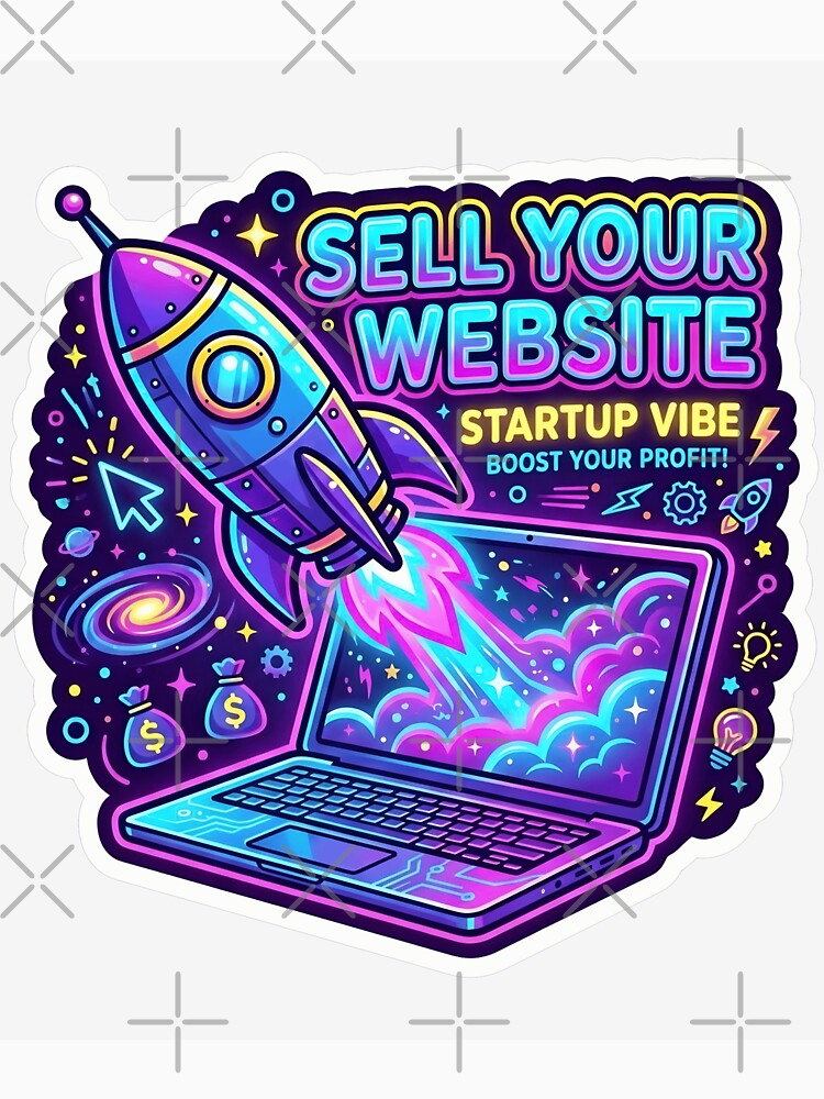 Sell Your Website - Rocket Launching Laptop Startup Sticker Design by WowDezign