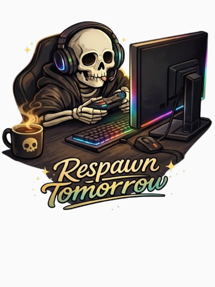 Respawn Tomorrow Skeleton Gamer – Funny Sleep Deprived Gaming Quote Graphic by Northern Glow Art