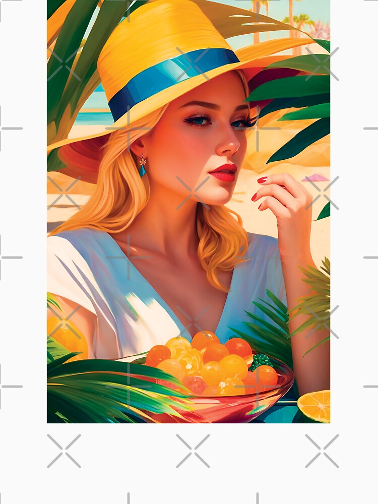 Beautiful Classy Woman In Hat On A Beach With Palm Trees Eating Hot Summer Fruits Stylish Painting by TriniTeeClub