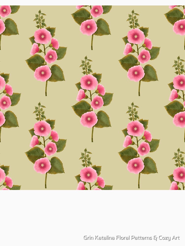 Vintage Pink Mallows Sage Green Seamless Pattern by Grin Katalina Floral Patterns & Cozy Art