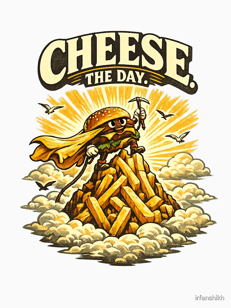 Cheese The Day Funny Burger Mountain Vintage Graphic T-Shirt & Sticker by irfanshikh