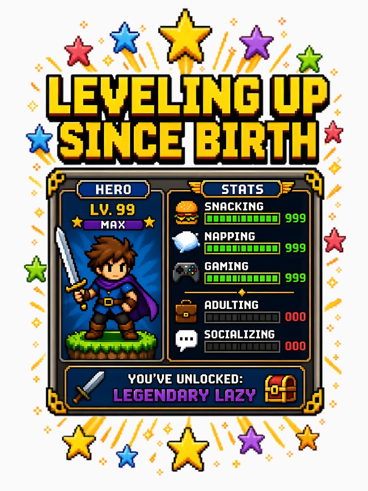 Leveling Up Since Birth RPG Stats Pixel Art by RetroPixel Apparel