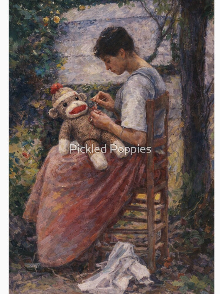 Mending Memories – Impressionist Woman Repairing a Sock Monkey by Pickled Poppies