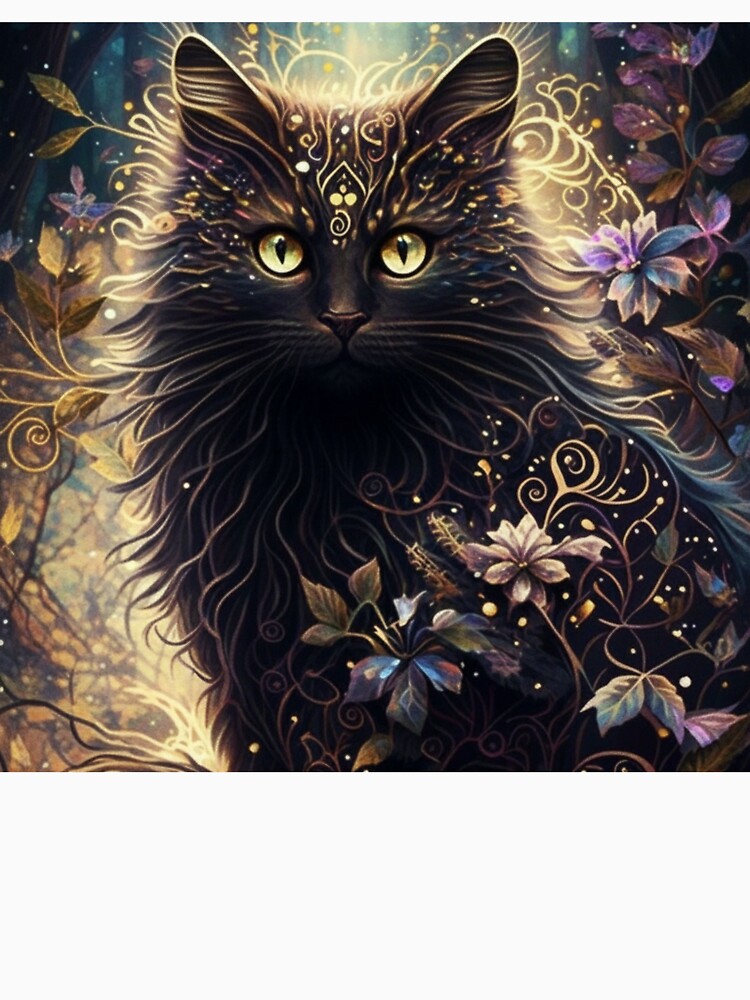 Mystical Black Cat Gothic Gold Ornament Fantasy Forest Art by brkydesign