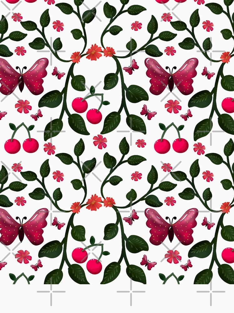 Cute Cherry Butterfly Pattern, Glossy Kawaii Fruit Floral Seamless Design, Pink Aesthetic Summer Cute Pattern by HopeAndHustle