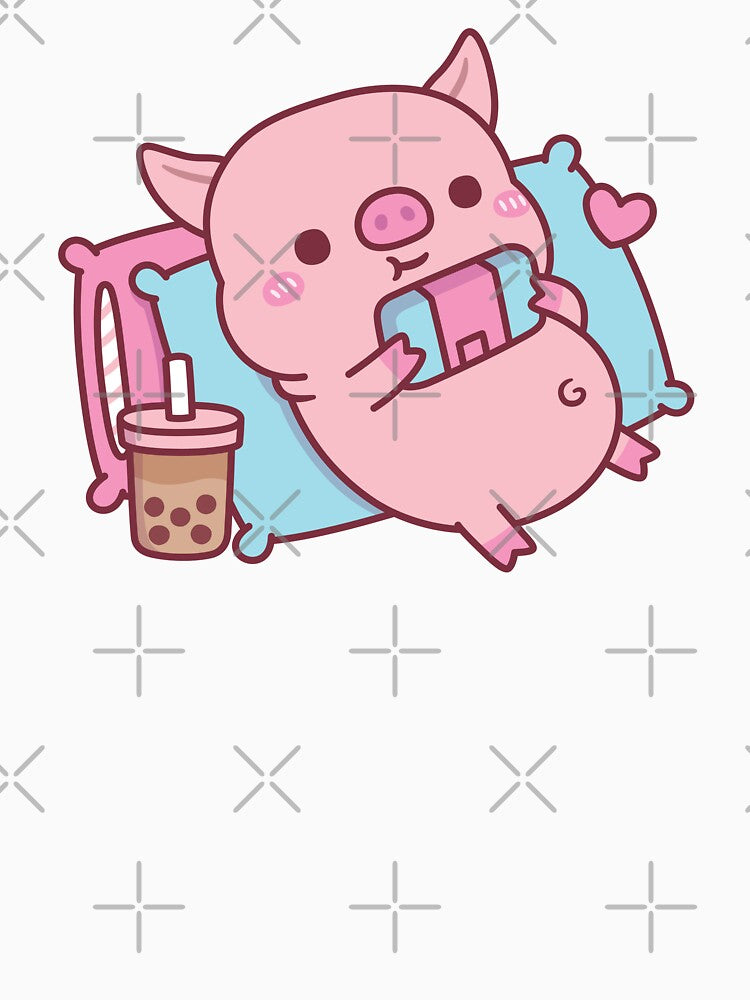 Cute Piggy Gamer Chilling With Video Games And Bubble Tea by rustydoodle