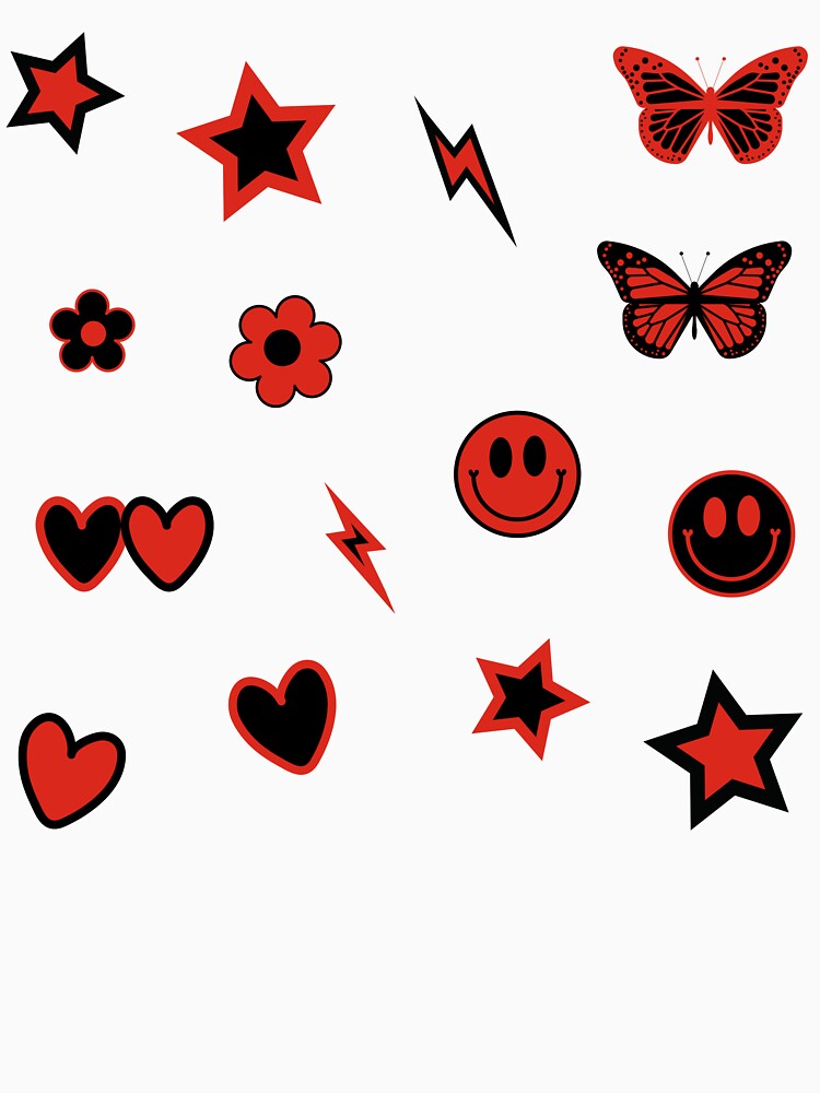 Y2K Aesthetic Stars Butterflies Hearts Flower Lighting Retro Scarlet Red and Black College Sticker Pack by Aesthetic Crew