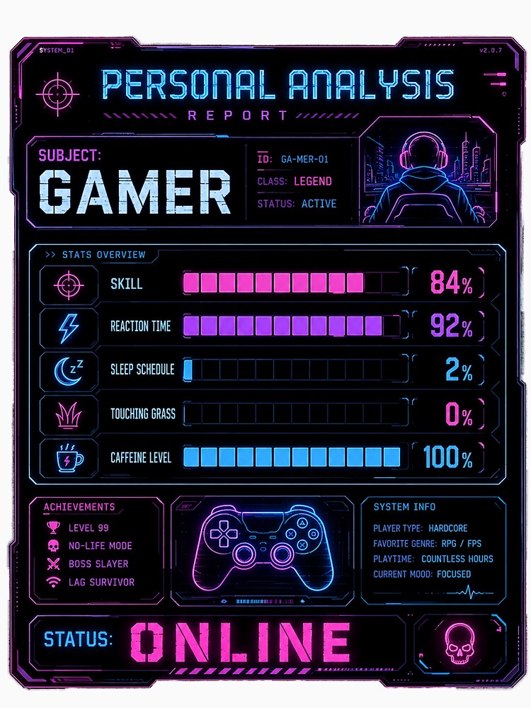 Gamer Personal Analysis Report – Funny Neon Gaming Stats Design by Claws & Chaos