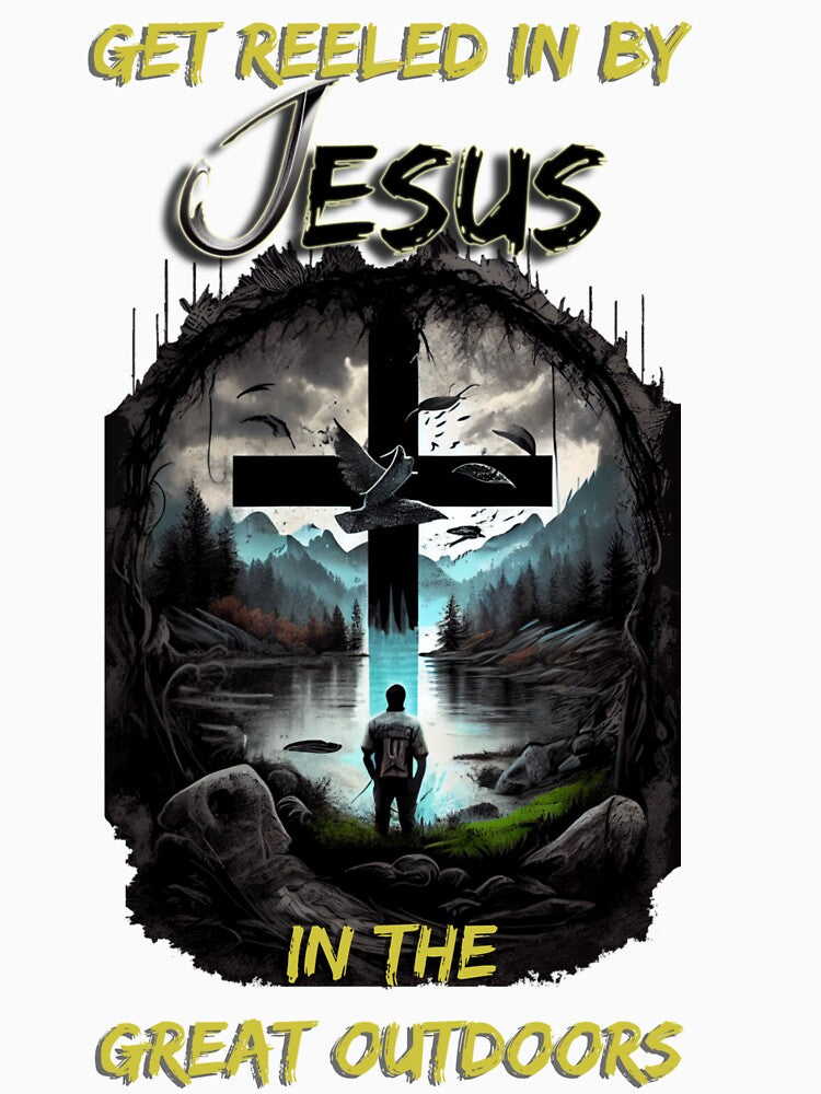 Mountains, Lake, and Christian Cross: Outdoor Inspiration - Get Reeled in by Jesus by Art4Christ