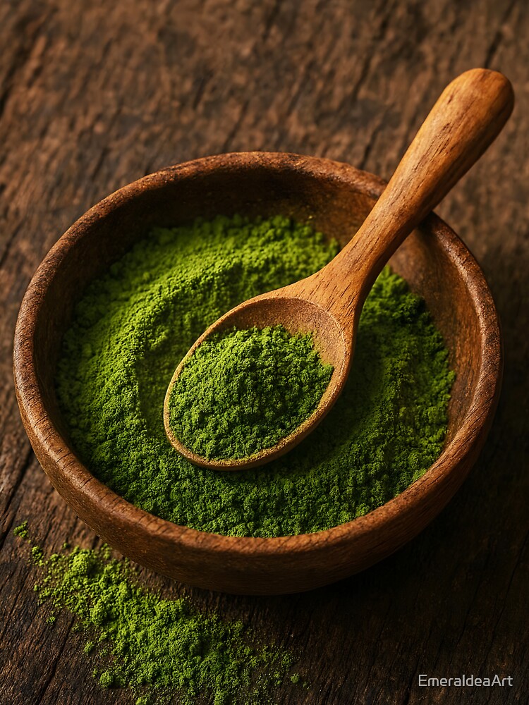 Green Matcha Powder in Small Wooden Bowl with Spoon – Superfood Close-Up by EmeraldeaArt