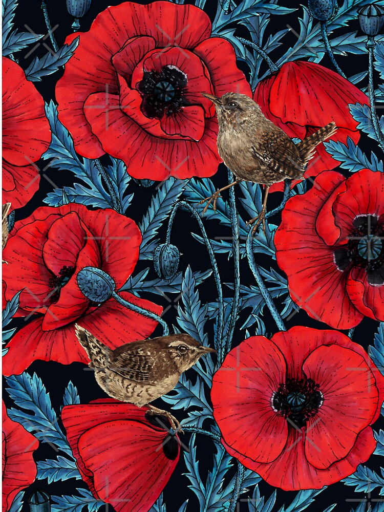 Red poppies and wrens, blue leaves on black by Katerina Mitkova Kirilova