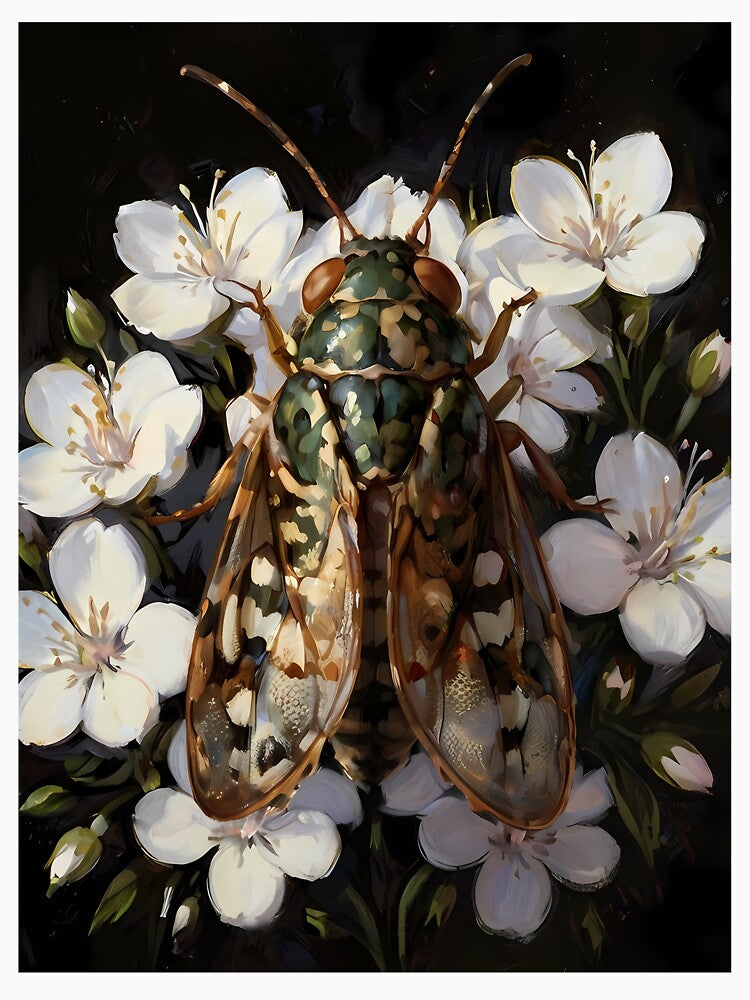 Cicada and white wild flowers - insect bug goblincore oil painting by Fantasy Cache