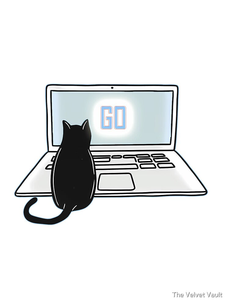 Go Mode Activated – Cute Black Cat Programmer at Work on Laptop | Coding Cat Art for Developers & Coffee Lovers by The Velvet Vault