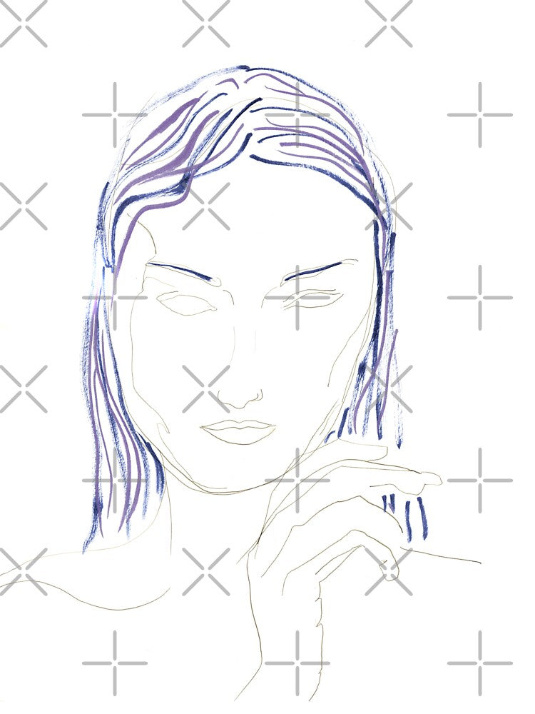 Woman Face Drawing Art Print — Blue Ink Line Art by essentialink