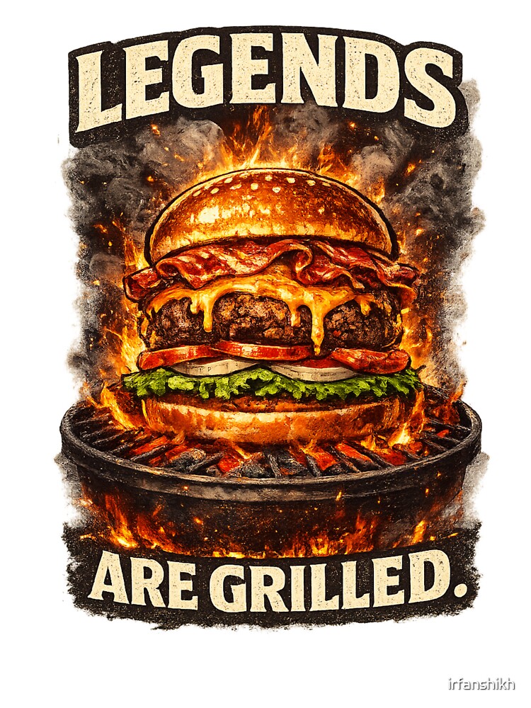 Legends Are Grilled: BBQ Fire Campfire Cheeseburger Vintage Art by irfanshikh