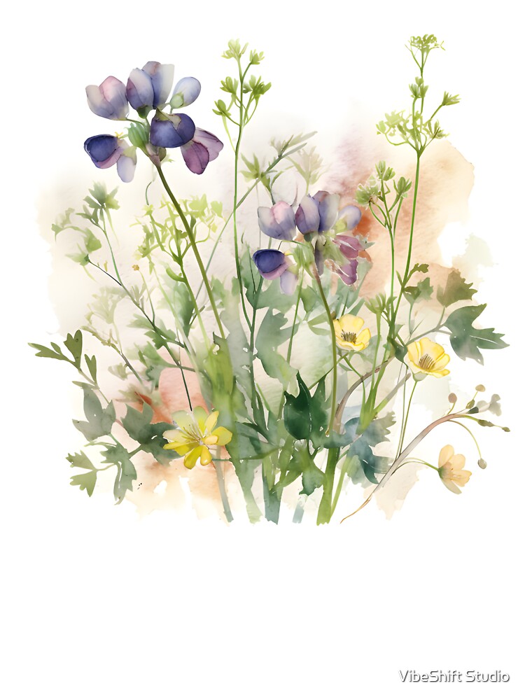 Purple Lupines and Yellow Wildflowers Watercolor by VibeShift Studio