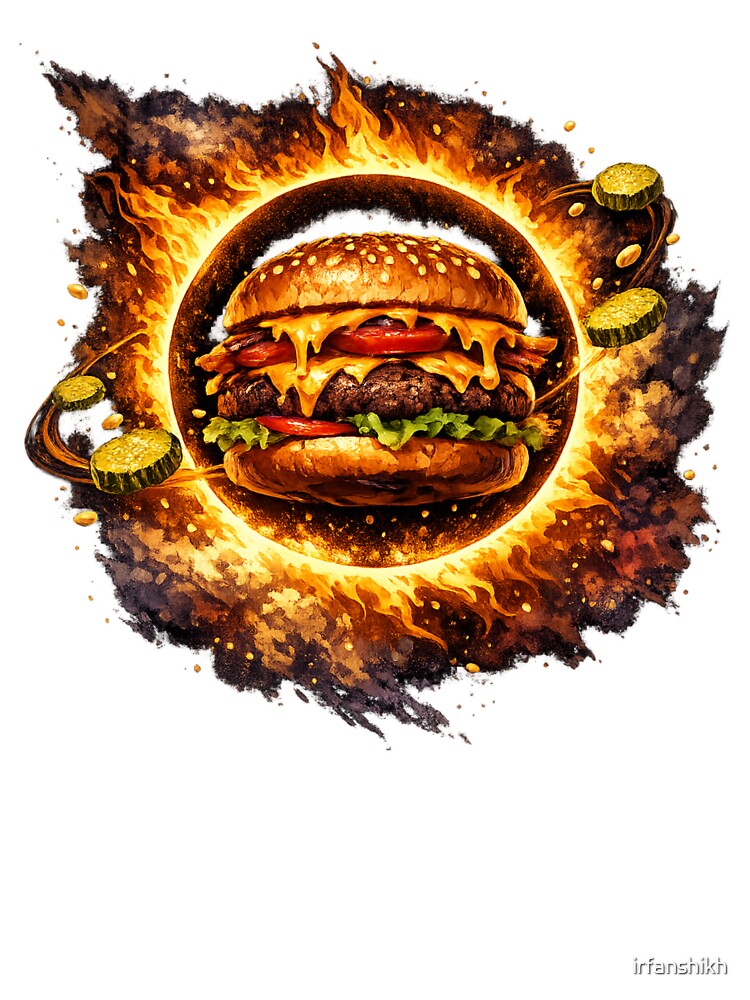 Explosive Fire Burger: Dark Intense Flaming Cheeseburger Spicy Dramatic Art by irfanshikh