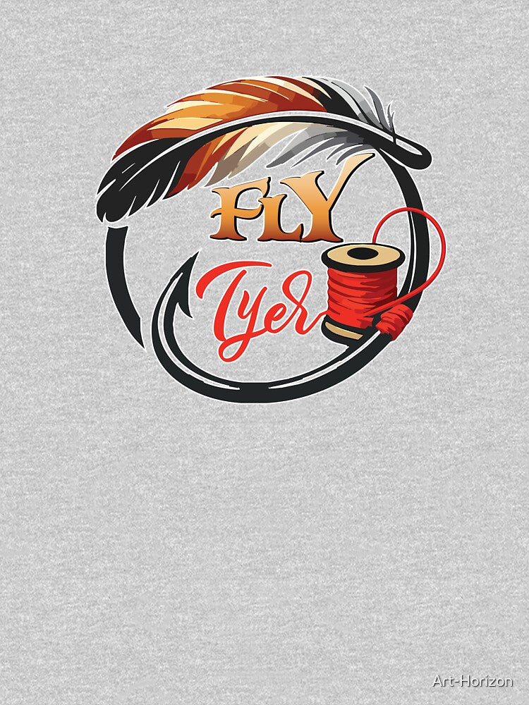 Fly tying illustration, logo style, text "Fly Tyer". by Art-Horizon