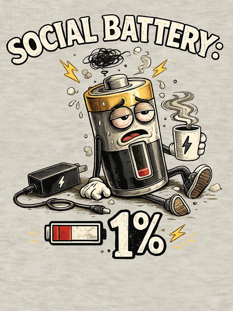 Social Battery: 1% – Funny Introvert Coffee Cartoon Design by Karszul
