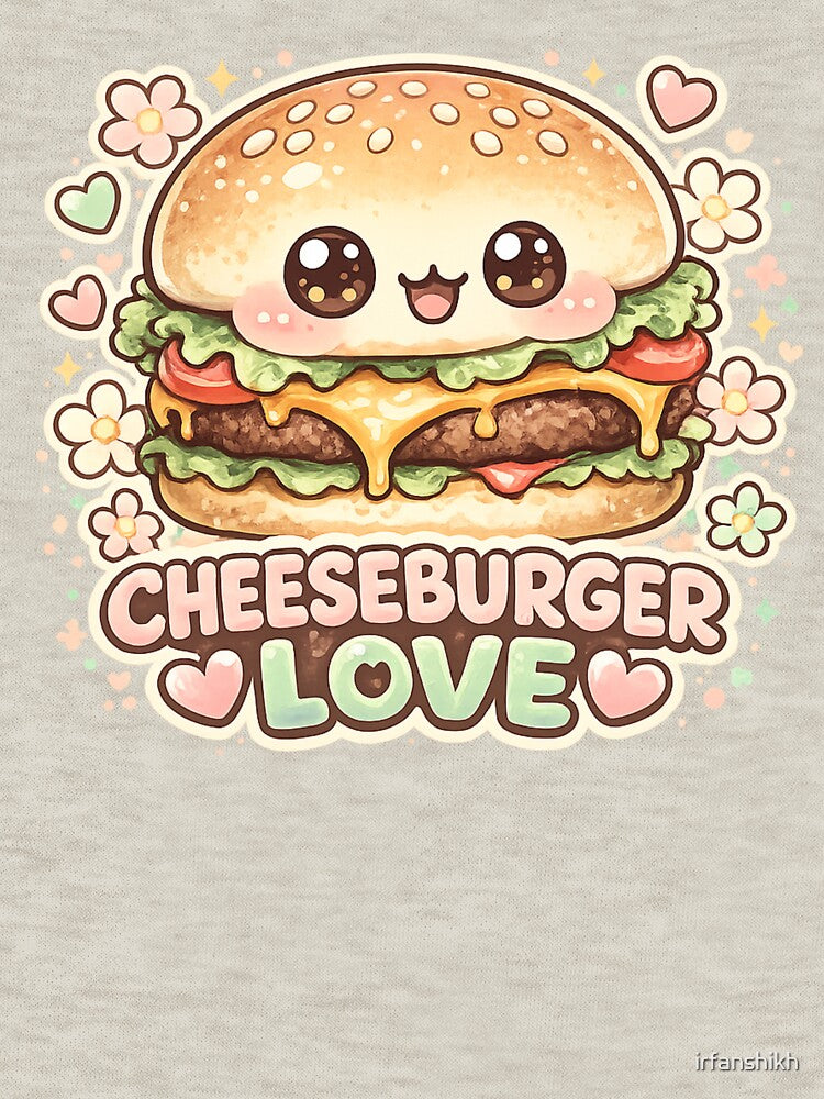 Cute Cheeseburger Love: Kawaii Adorable Food Art Character Hearts Design by irfanshikh